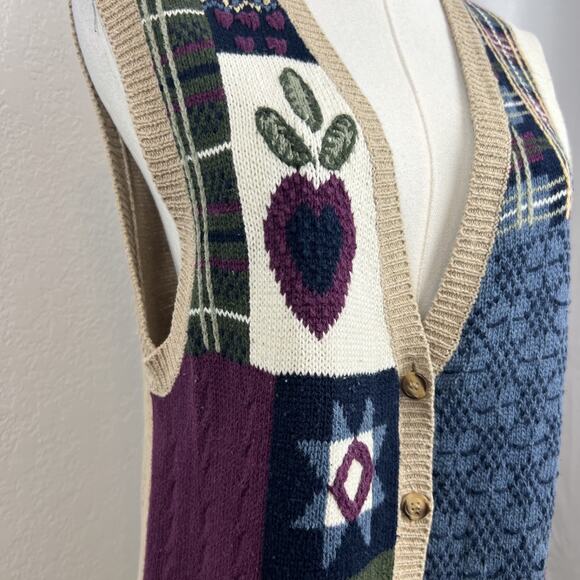 VTG Patchwork Knit Vest Womens Medium Hand Embroidered Grannycore Y2K Teacher - Picture 2 of 10